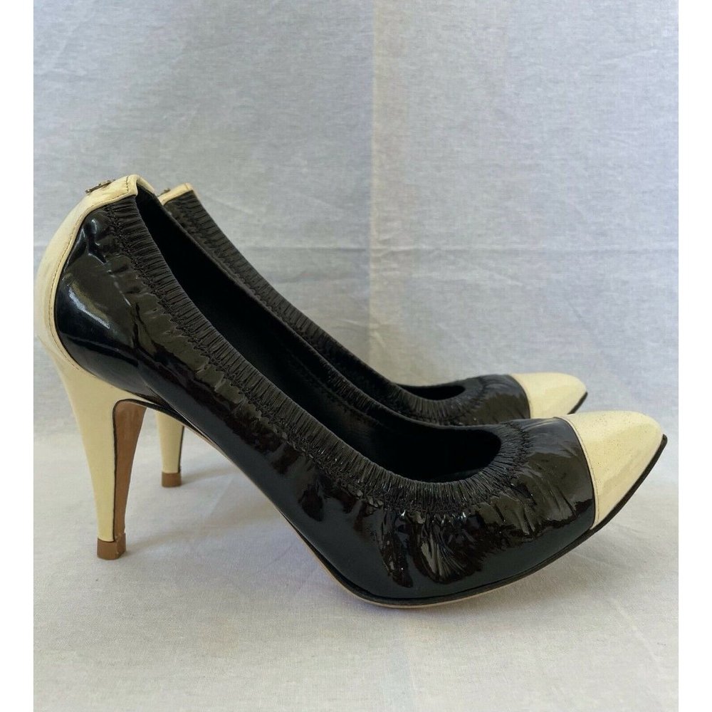 Authentic Chanel Womens Shoes Elastic Pumps Heels Cap Toe Leather Black Beige 39 - Picture 8 of 13